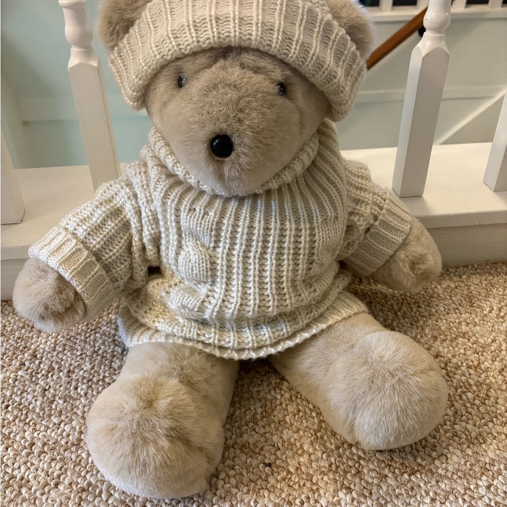 Tan and Cream Stuffed Teddy Bear with Knit Attire